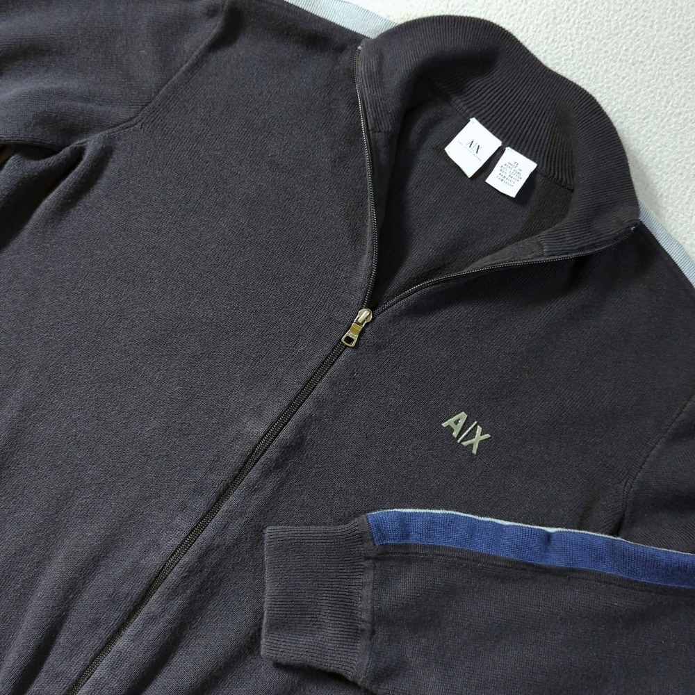 VTG‎ Armani Exchange Full Zip Sweater Mens XL Black Blue Stripe Knit Jacket